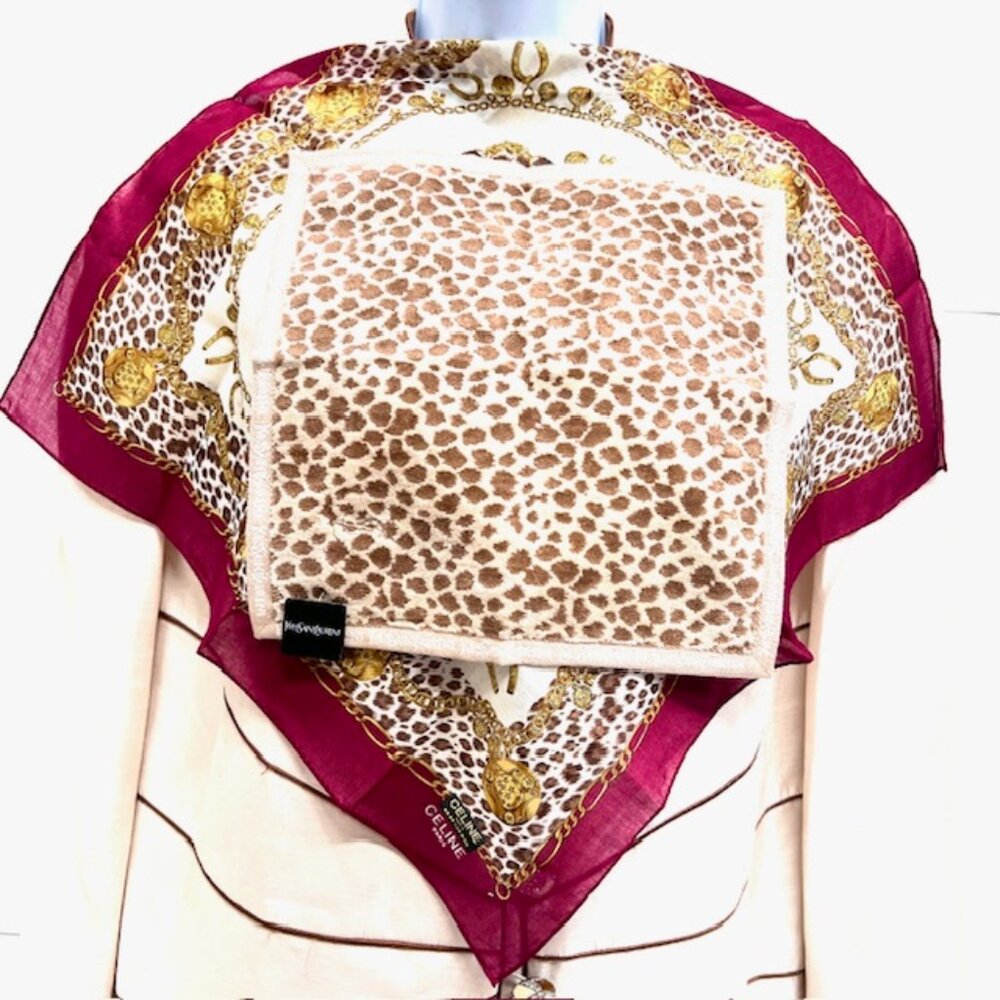 2 New:1 Celine Paris Handker 19" Burgendy Leapard Gold +1 YSL Hand Towel (68) - Picture 5 of 11